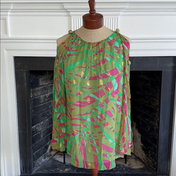 Milly Tops - Milly New York Blouse Resort Silk Tropical Green Pink Gold Womens Size 6